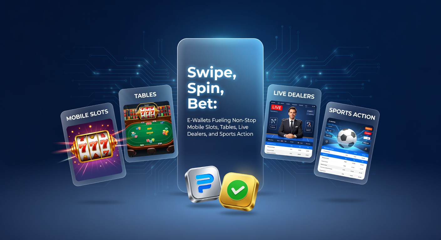 Dynamische Szene mit Mobile-Gerät, das Sportwetten, Live-Dealer und Slots gleichzeitig zeigt, untermalt von E-Wallet-Icons für nahtlose Zahlungen
